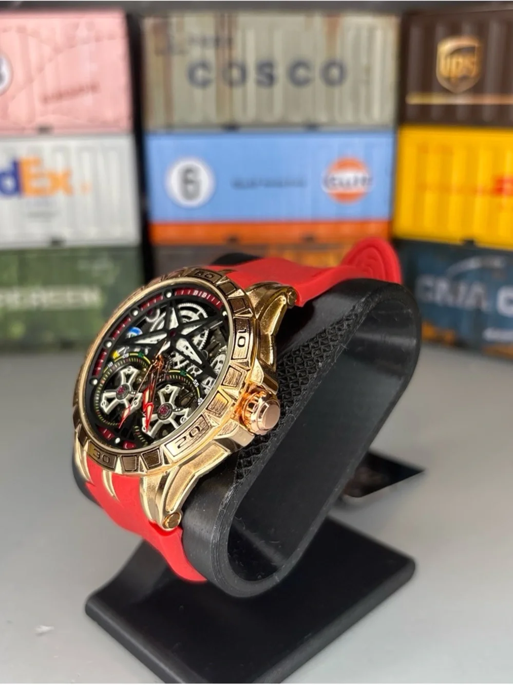 Skeleton Automatic Dial Sport Watch with Red Silicone Strap